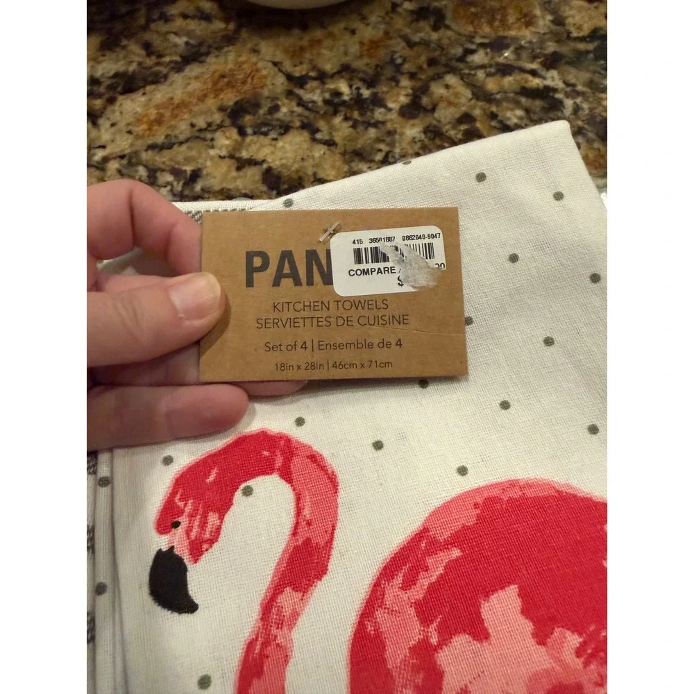 PAN 18x28 Kitchen Towels Gray White Pink Flamingo Set of 3 Cotton NEW
